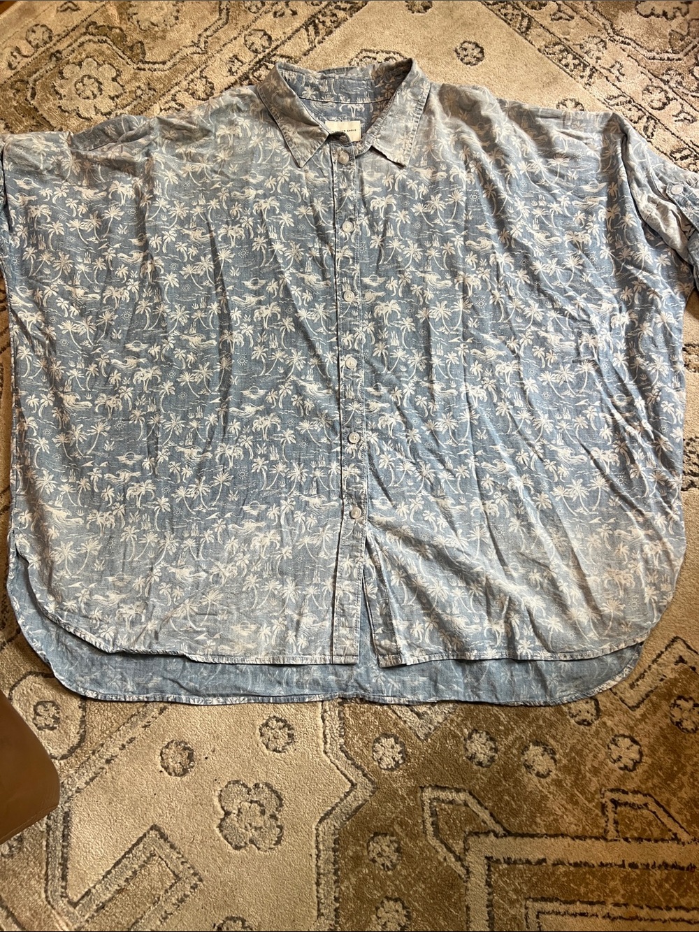 American Eagle Outfitters Light Blue and White Palm Print Button-Down Shirt